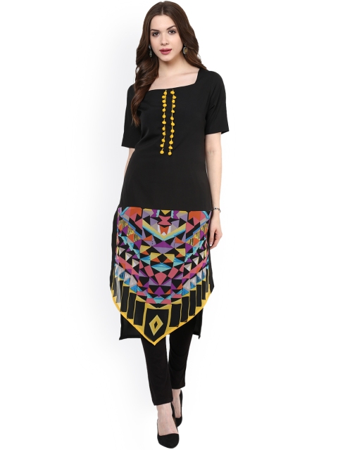 

Pannkh Black Crepe Asymmetric Kurta with Printed Detail