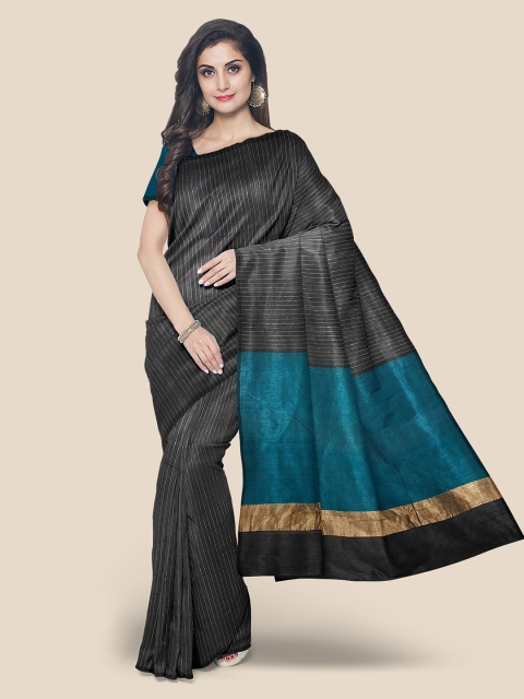 

Kalamandir Black & Teal Striped Pure Cotton Mangalagiri Saree