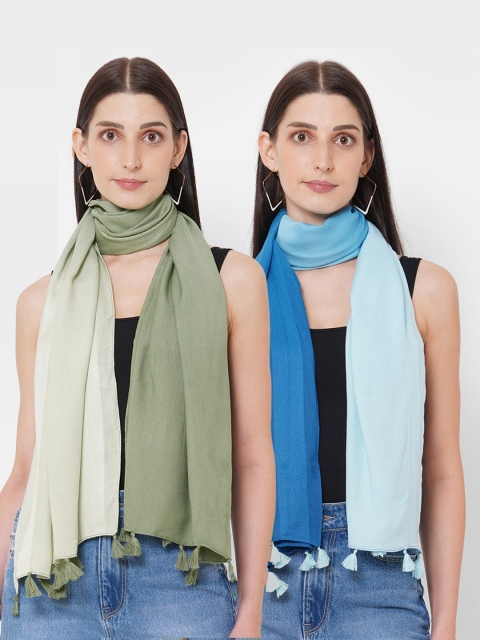 

Get Wrapped Women Pack Of 2 Olive Green & Blue Self Design Scarves