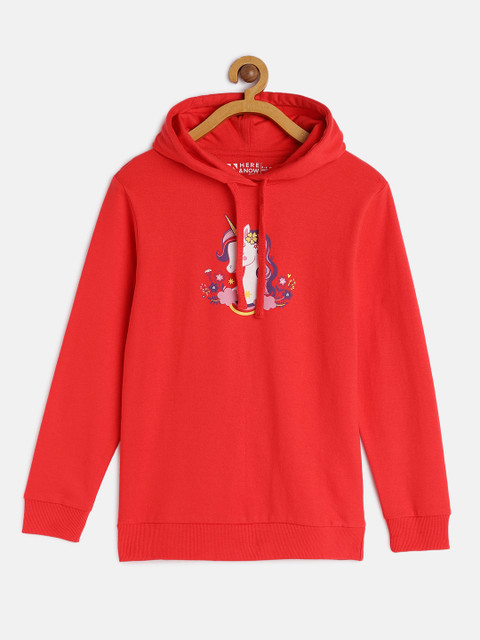 

HERE&NOW Girls Red Printed Pure Cotton Hooded Sweatshirt