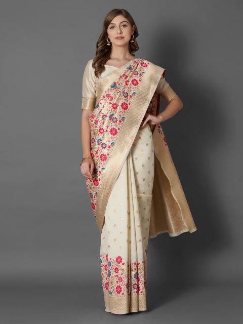 

Mitera Off White & Pink Floral Silk Blend Banarasi Saree