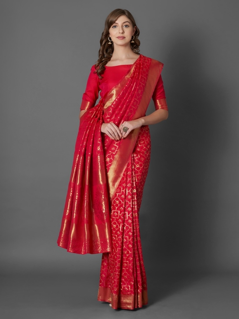 

Mitera Red & Gold-Toned Woven Design Silk Blend Banarasi Saree