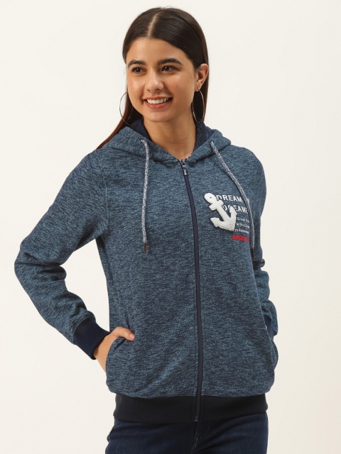 

Madame Women Navy Blue & Green Melange Effect Applique Hooded Sweatshirt