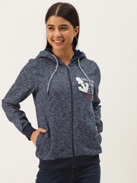 

Madame Women Navy Blue & Grey Melange Effect Applique Hooded Sweatshirt