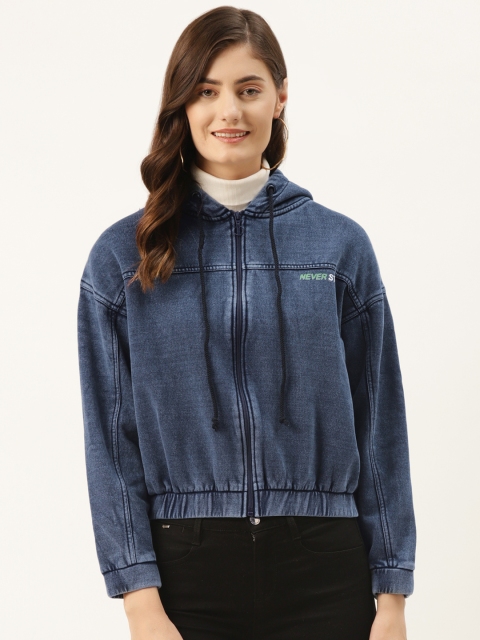 

Madame Women Blue Printed Back Hooded Cotton Sweatshirt