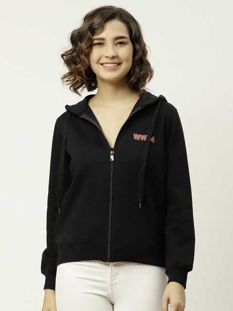 

Madame Women Black Printed Hooded Front-Open Sweatshirt