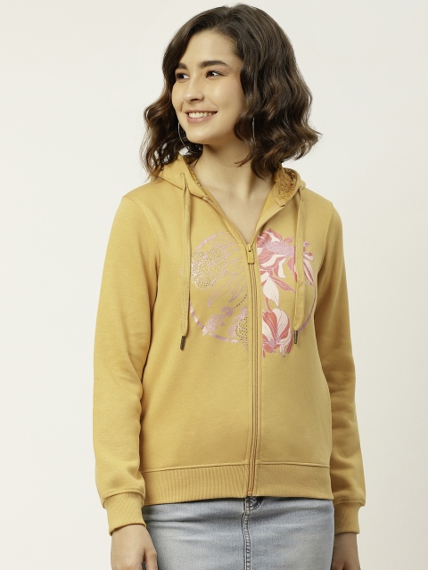 

Madame Women Mustard Yellow Floral Printed Hooded Front-Open Sweatshirt