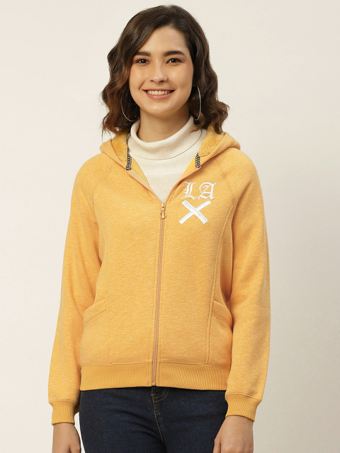 

Madame Women Yellow Embroidered Hooded Front-Open Sweatshirt