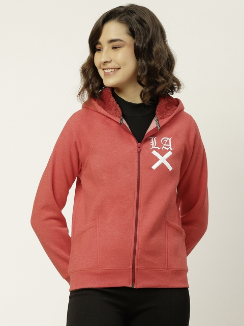 

Madame Women Red Embroidered Hooded Front-Open Sweatshirt