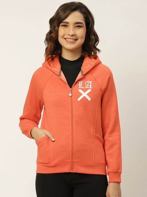 

Madame Women Coral Orange Embroidered Hooded Front-Open Sweatshirt