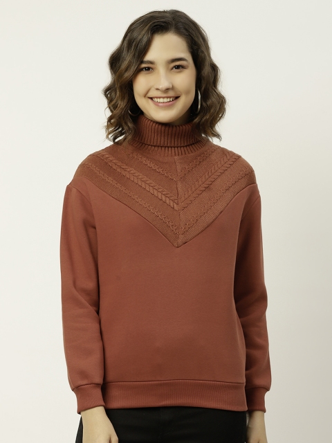 

Madame Women Rust Brown Self Design Sweatshirt