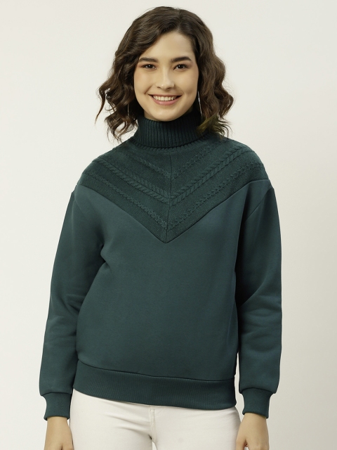 

Madame Women Teal Green Self Design Turtle Neck Sweatshirt