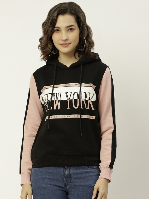 

Madame Women Black & Peach-Colored Typography Printed Hooded Sweatshirt