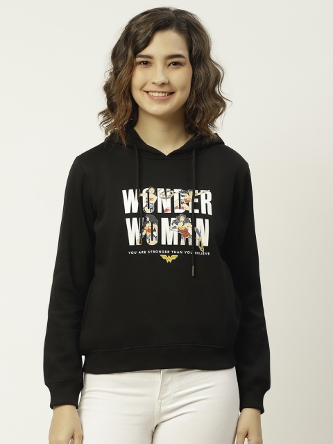 

Madame Women Black & White Typographic Print Hooded Sweatshirt