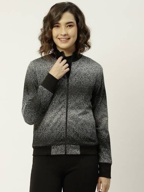 

Madame Women Black & White Self Design Front Open Sweatshirt