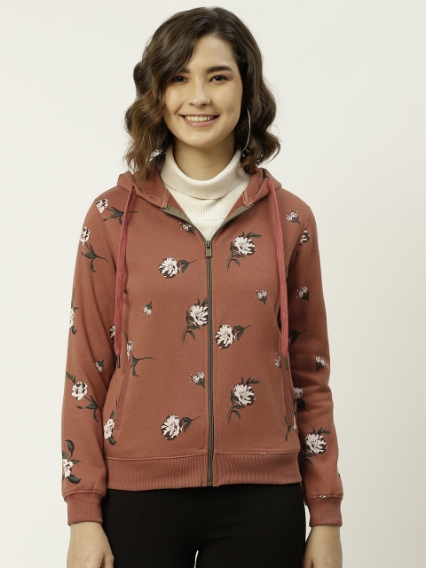 

Madame Women Rust Brown Floral Print Hooded Sweatshirt