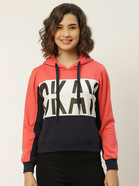 

Madame Women Coral Pink & White Colourblocked Hooded Sweatshirt