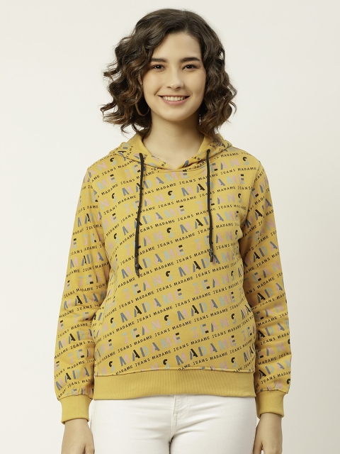

Madame Women Mustard Yellow Printed Hooded Sweatshirt