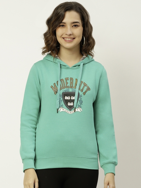 

Madame Women Green Printed Hooded Pullover Sweatshirt With Embellished detail