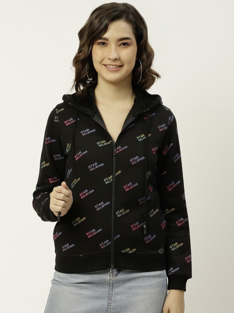 

Madame Women Black Printed Hooded Sweatshirt