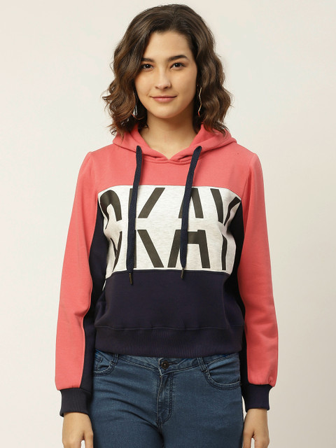 

Madame Women Navy Blue & Coral Pink Colourblocked Hooded Sweatshirt