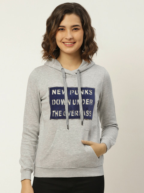 

Madame Women Grey Melange & Blue Typographic Cut-Out Hooded Sweatshirt
