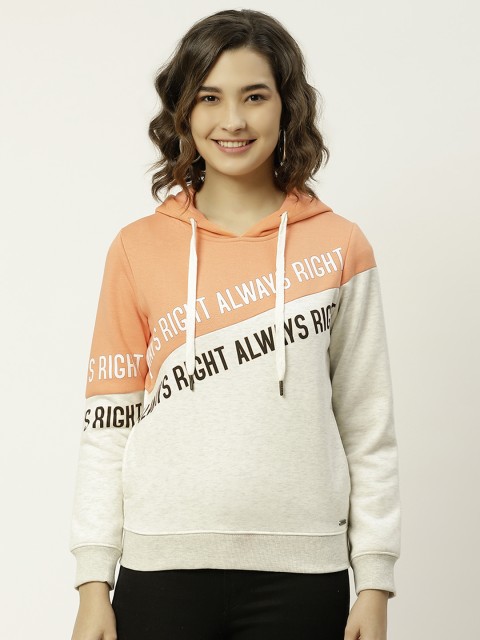 

Madame Women Peach-Coloured & Off-White Colourblocked Hooded Sweatshirt