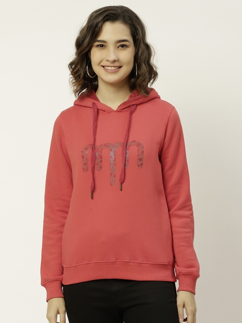 

Madame Women Red Embellished Hooded Sweatshirt