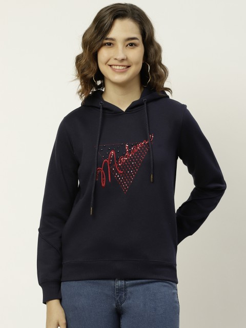 

Madame Women Navy Blue Brand Logo Embroidered Hooded Sweatshirt