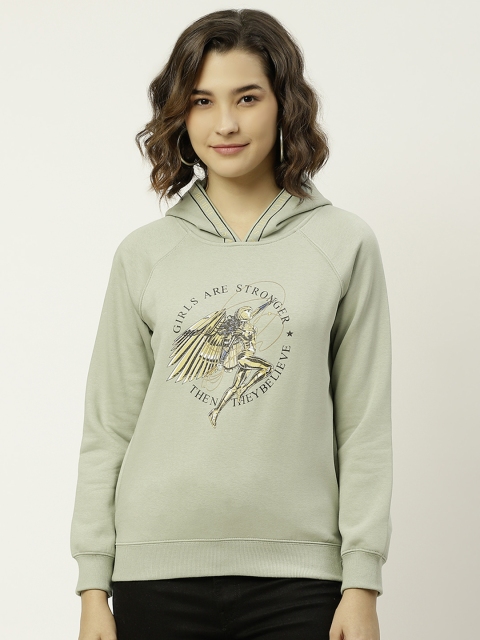 

Madame Women Green & Yellow Graphic Print Hooded Sweatshirt