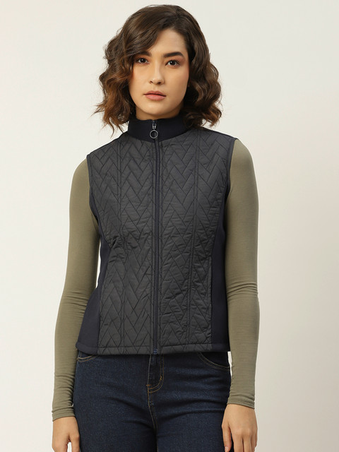 

Madame Women Navy Blue Quilted Front Open Sweatshirt