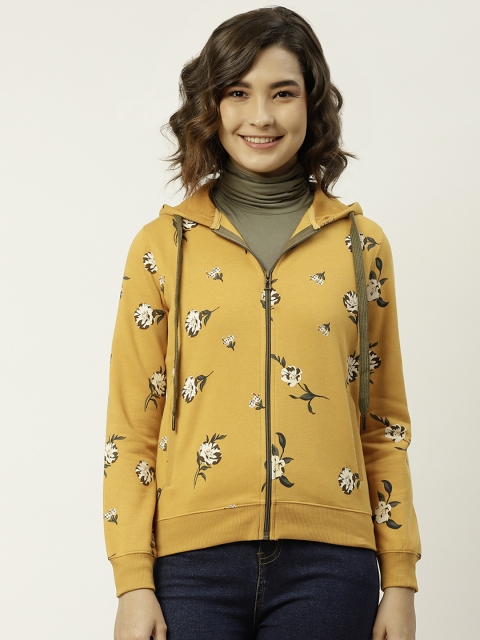 

Madame Women Mustard Yellow & Off White Floral Print Hooded Sweatshirt