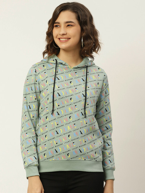 

Madame Women Green & Black Printed Hooded Sweatshirt