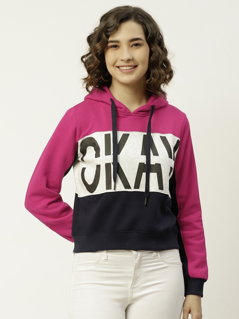 

Madame Women Red & Navy Blue Colourblocked Hooded Sweatshirt