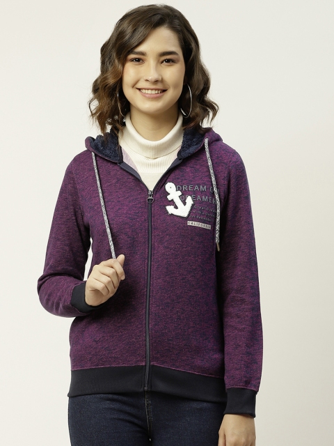 

Madame Women Magenta & Navy Blue Melange Effect Hooded Applique Front Open Sweatshirt