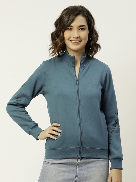 

Madame Women Teal Blue Solid Front Open Sweatshirt