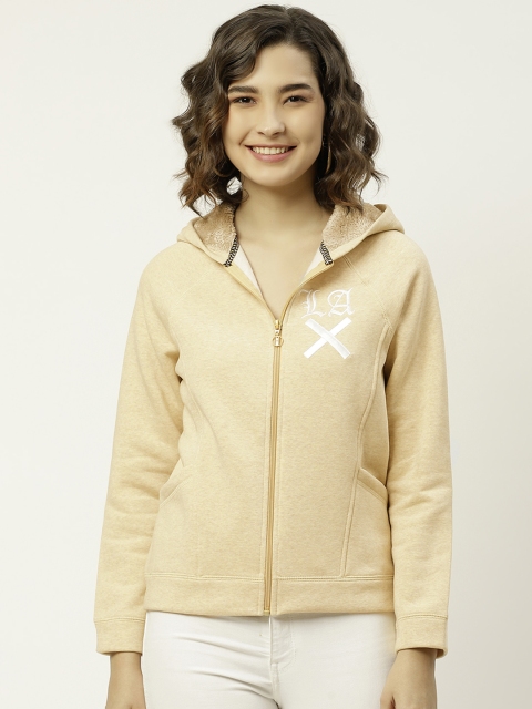 

Madame Women Beige Solid Hooded Sweatshirt