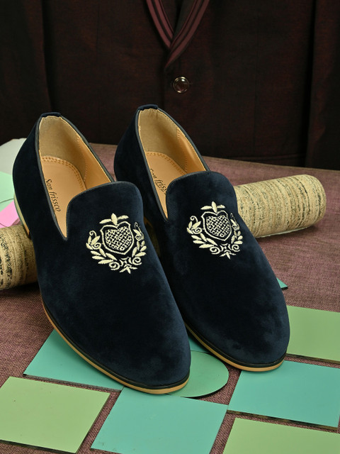

San Frissco Men Blue Woven Design Leather Slip-On Sneakers