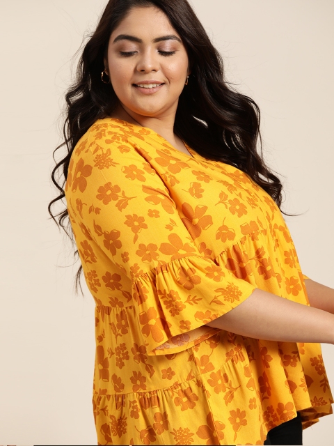 

Sztori Women Plus Size Mustard Yellow Floral Printed A-Line Top