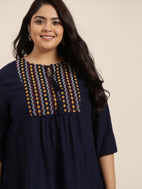 

Sztori Plus Size Navy Blue & Mustard Yellow EcoVero Embroidered Tie-Up Neck Top