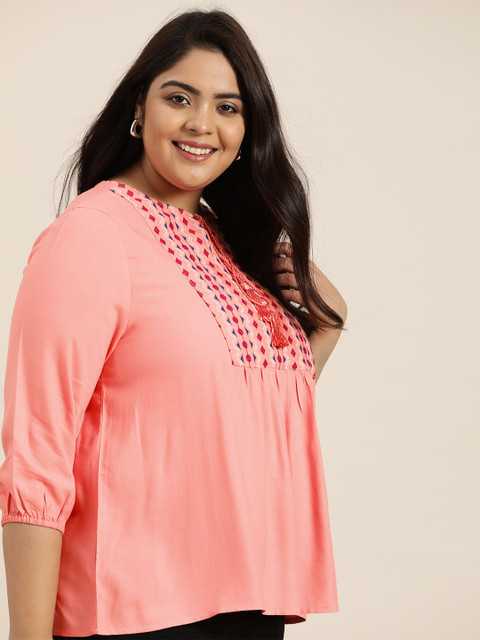 

Sztori Plus Size Pink Embroidered Tie-Up Neck Regular Top