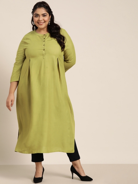 

Sztori Women Plus Size Green Solid Pleated Straight Kurta