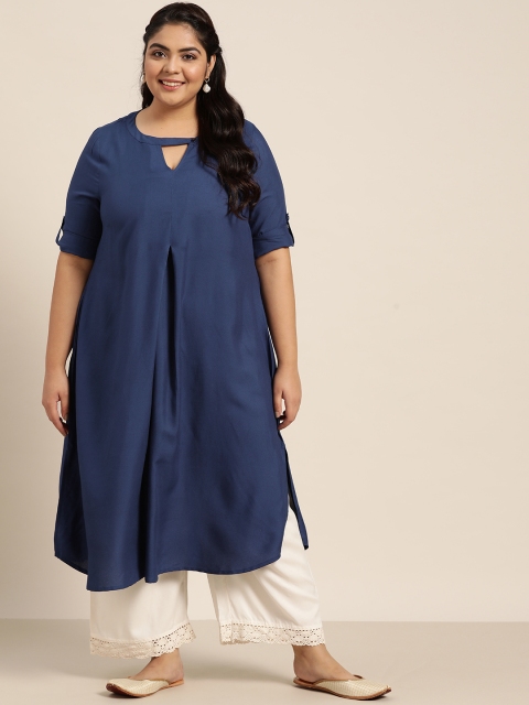 

Sztori Women Plus Size Blue Solid Keyhole Neck A-Line Kurta