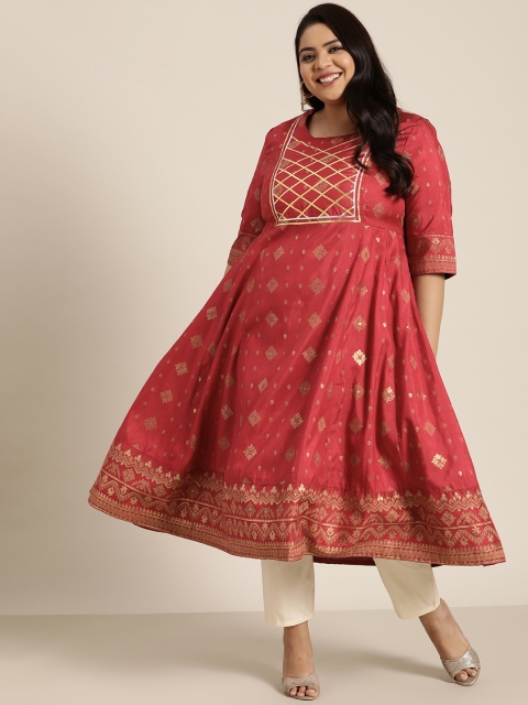 

Sztori Plus Size Women Red & Golden Ethnic Motifs Printed Gotta Patti A-Line Kurta