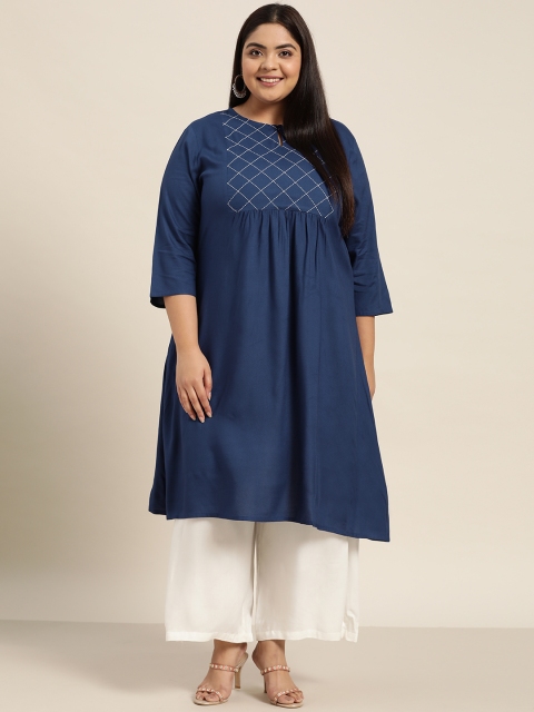 

Sztori Women Plus Size Blue & White Geometric Keyhole Neck Thread Work A-Line Kurta