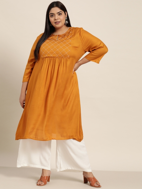 

Sztori Women Plus Size Mustard Yellow & White Geometric Thread Work A-Line Kurta