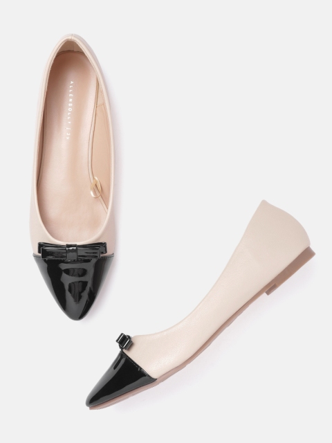 

Allen Solly Women Cream-Coloured & Black Colourblocked Patent Finish Ballerinas with Bow