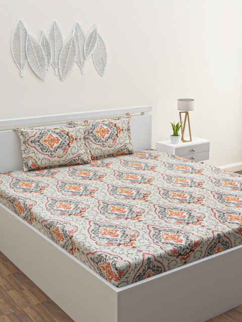 

HOME AFFAIRS Beige & Orange Ethnic Motifs 220 TC King Bedsheet with 2 Pillow Covers