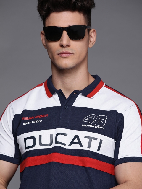 

Ducati Men Navy Blue & White Pure Cotton Striped Polo Collar T-shirt
