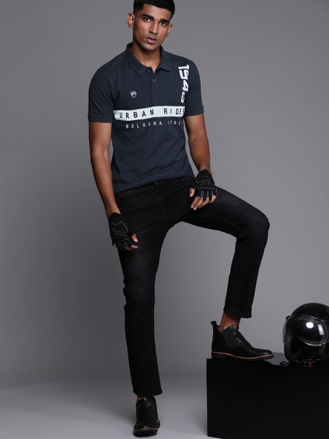 

Ducati Men Navy Blue Grey Biker Print Pure Cotton Polo Collar Pure Cotton T-shirt